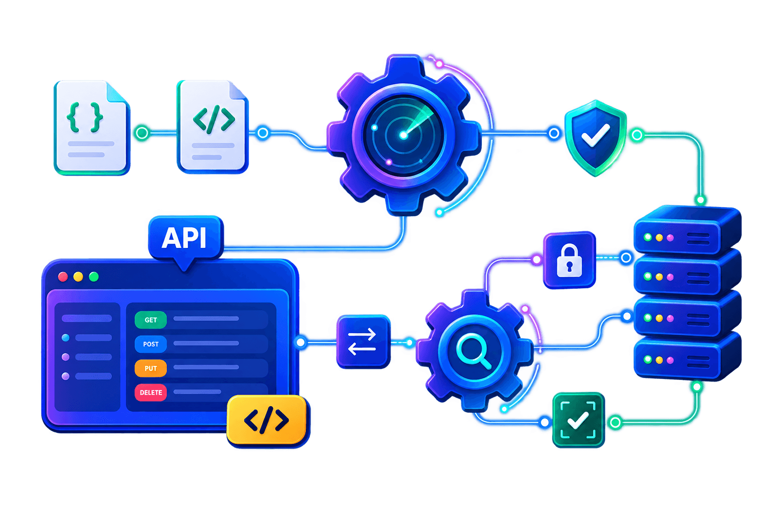 API scanner workflow connecting API specifications, testing engines, validation, and servers