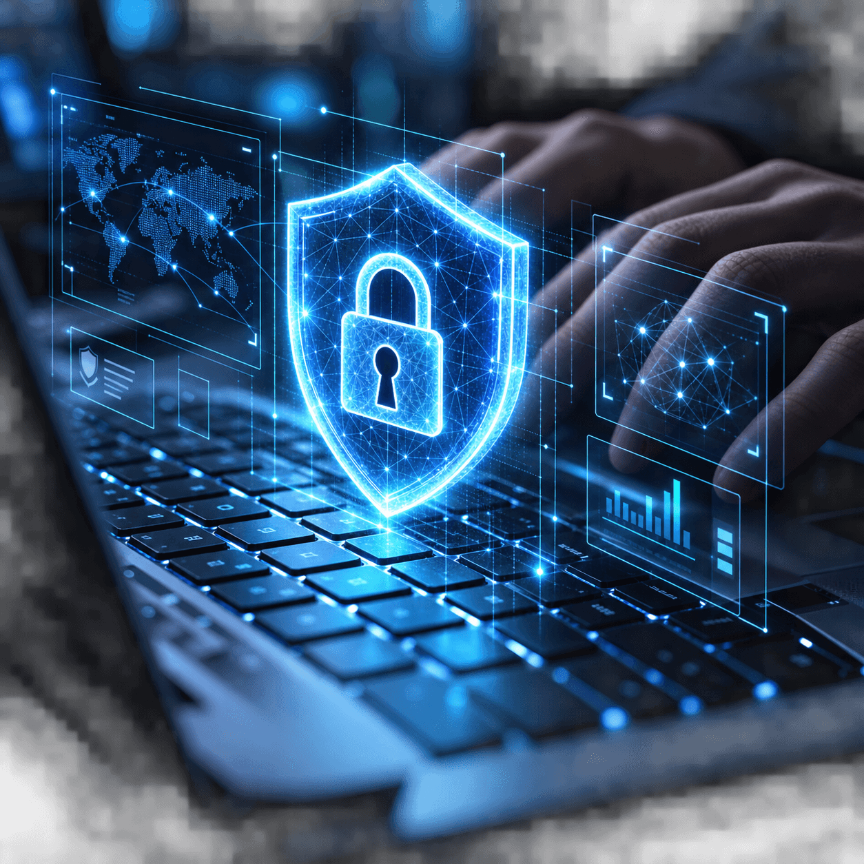 A glowing security shield above a laptop as an analyst works