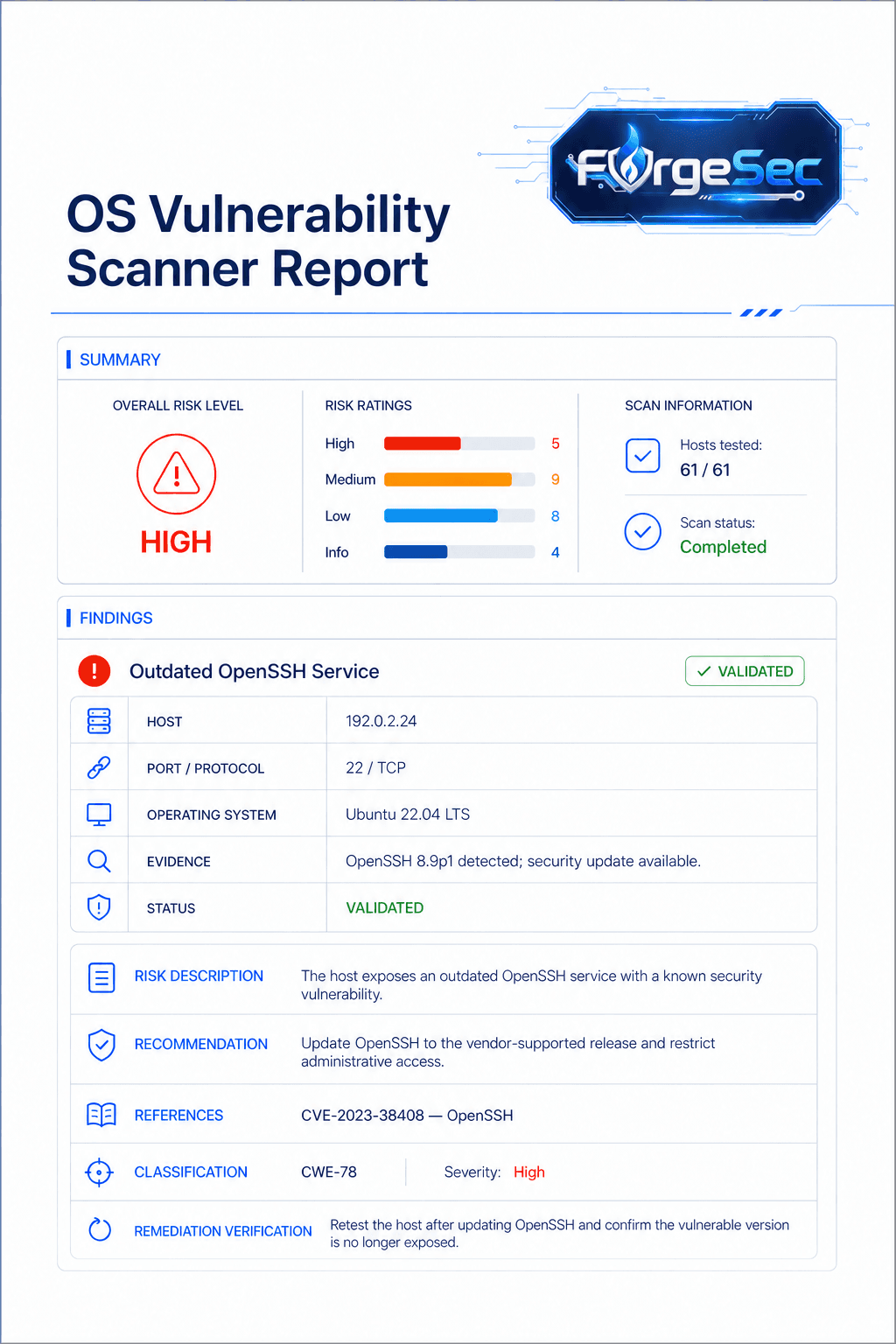 forge-sec OS vulnerability scanner report showing risk ratings, host evidence, remediation guidance, and validation status