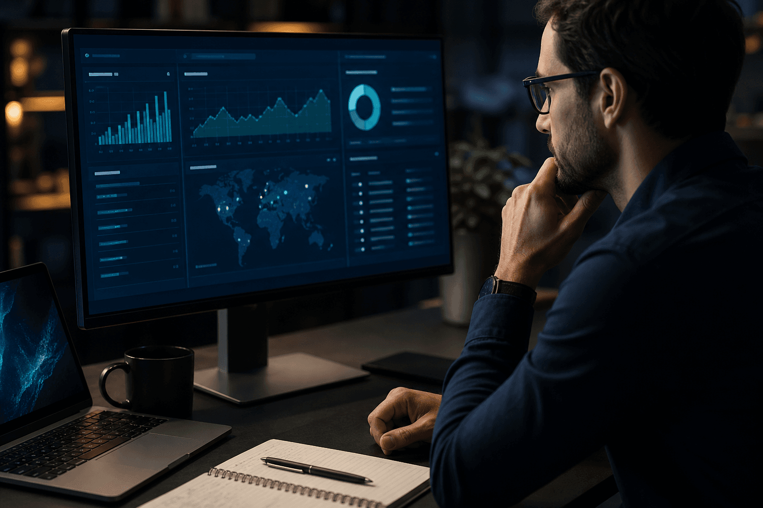 Security professional reviewing risk analytics on a workstation