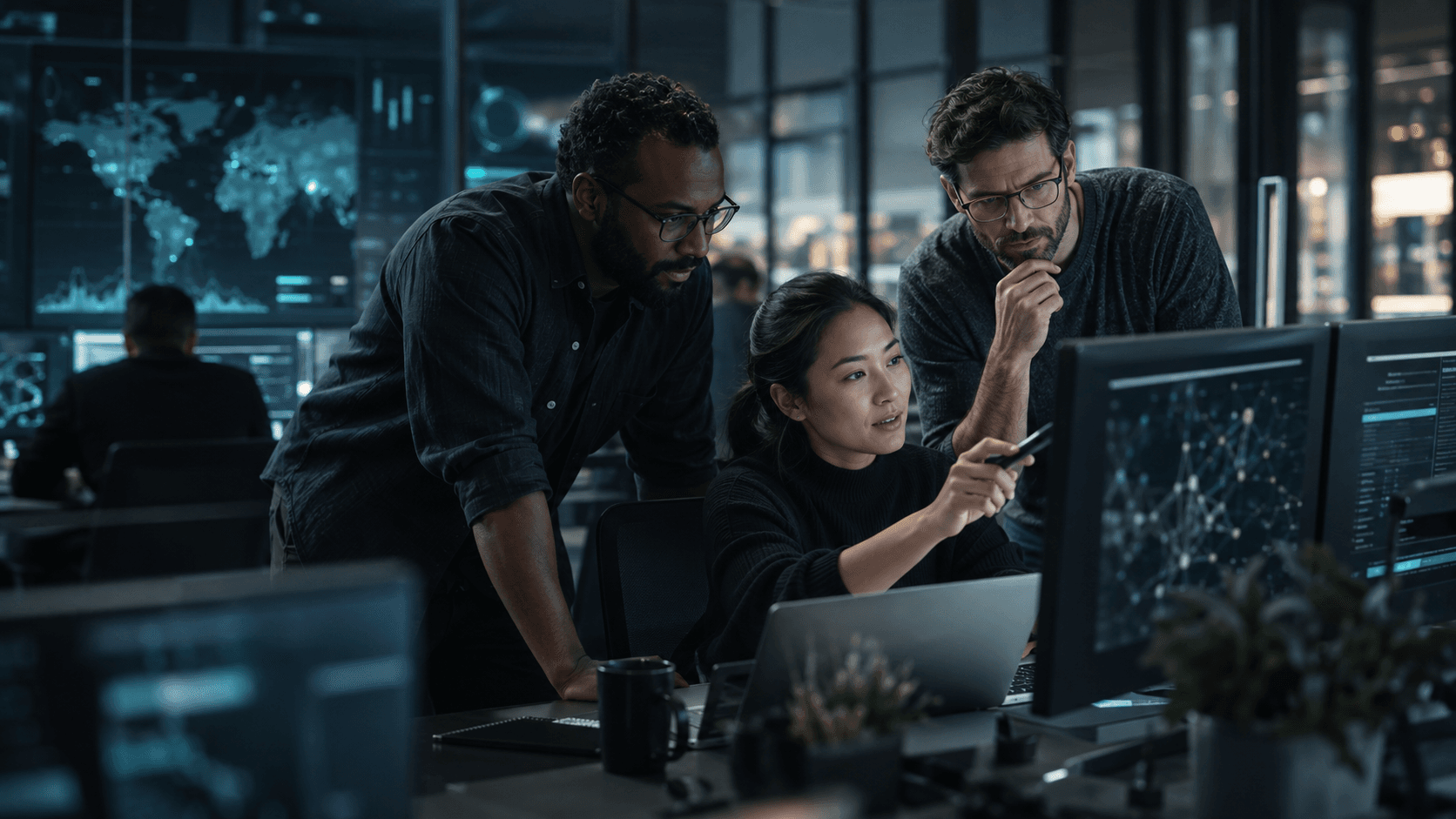 Security and engineering specialists reviewing risk evidence together