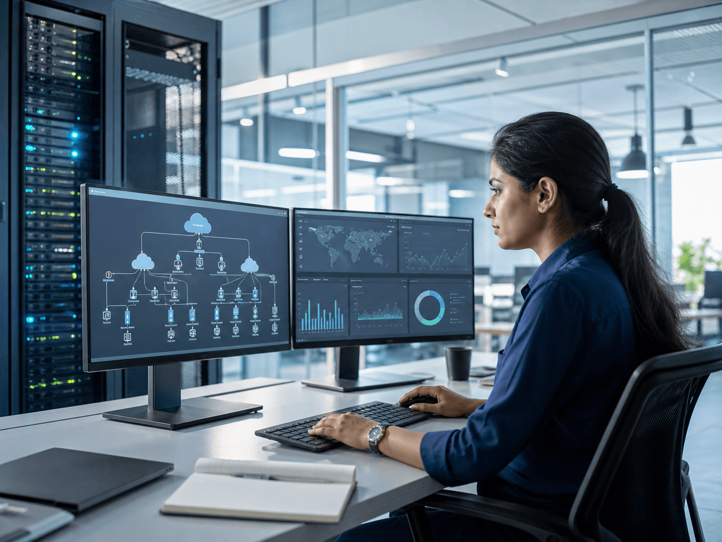 Security engineer monitoring cloud and on-premises infrastructure from one workspace